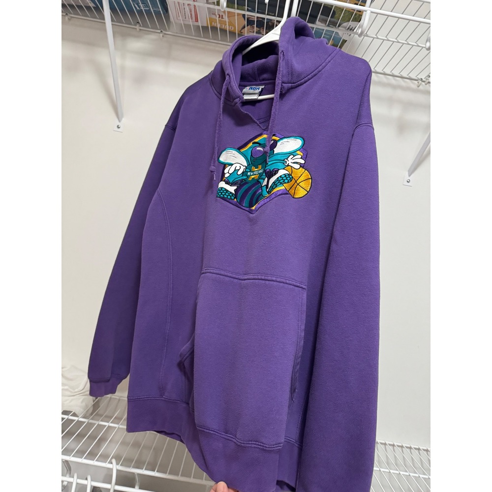 VTG NBA New Orleans Hornets Purple Embroidered Mascot Hoodie Sweatshirt Large